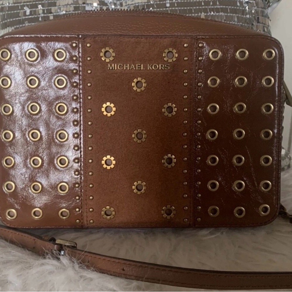 Michael Kors Brown Grommet & Flower-Stud Crossbody 9.5x6.5